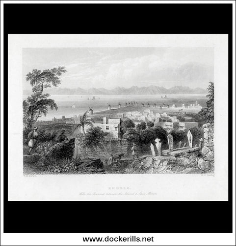 Rhodes With The Channel Between The Island And Asia Minor, Greece. Antique Print, Steel Engraving 1837.