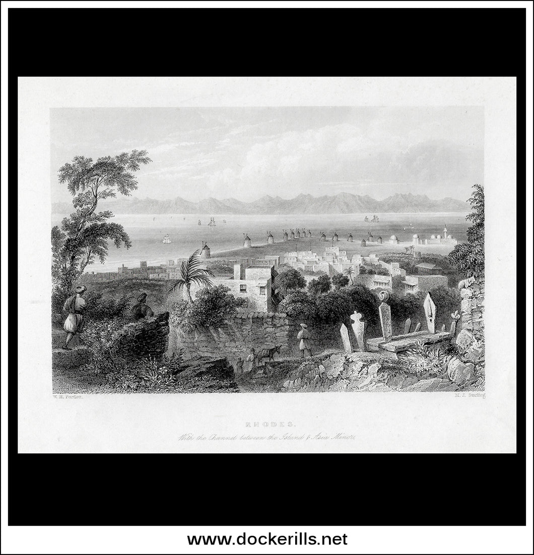 Rhodes With The Channel Between The Island And Asia Minor, Greece. Antique Print, Steel Engraving 1837.
