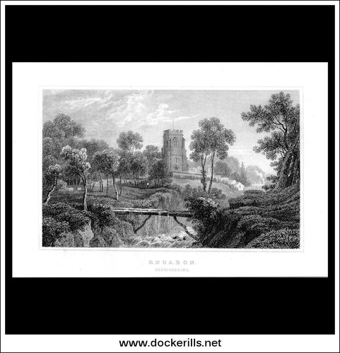 Antique Print Rhuabon, Denbighshire, Wales. Steel Engraving c. 1830.