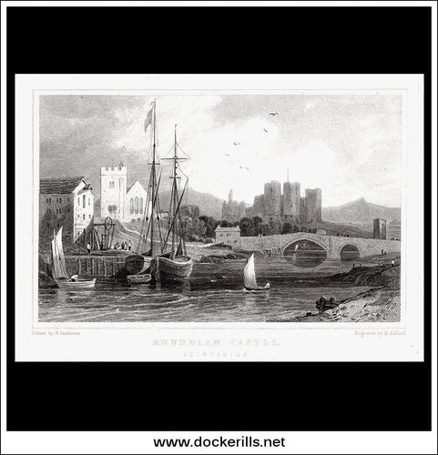 Rhuddlan Castle, Flintshire, Wales. Antique Print, Steel Engraving c. 1830.