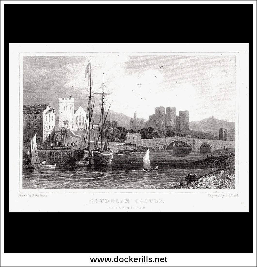 Rhuddlan Castle, Flintshire, Wales. Antique Print, Steel Engraving c. 1830.