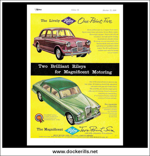 Riley 1.5 & 2.6 Saloon. Original Vintage Advert From October 22nd, 1958.
