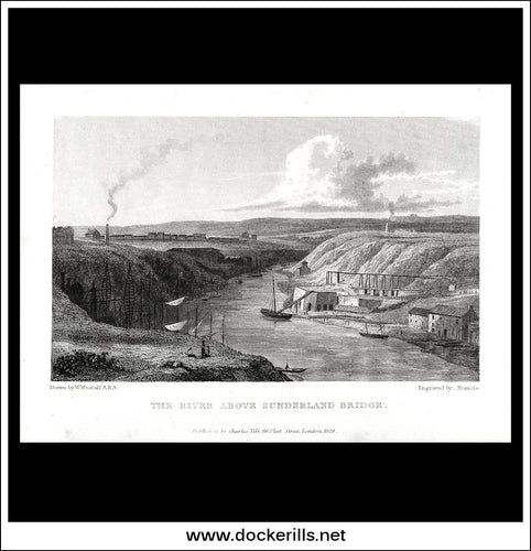 The River Above Sunderland Bridge, County Durham, England. Antique Print, Steel Engraving 1829.