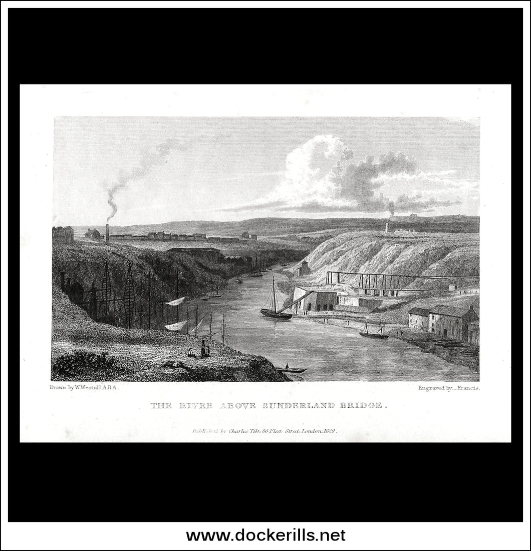 The River Above Sunderland Bridge, County Durham, England. Antique Print, Steel Engraving 1829.