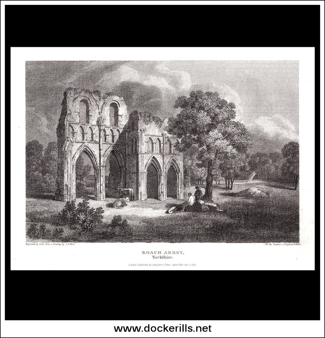 Roach Abbey, Yorkshire, England. Antique Print, Copper Plate Engraving 1813.