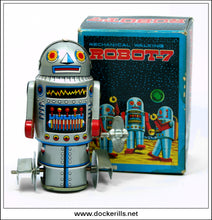 Robot 7, Taiwan, Japan. Vintage Tin Plate Clockwork Paddle Foot Robot 1.