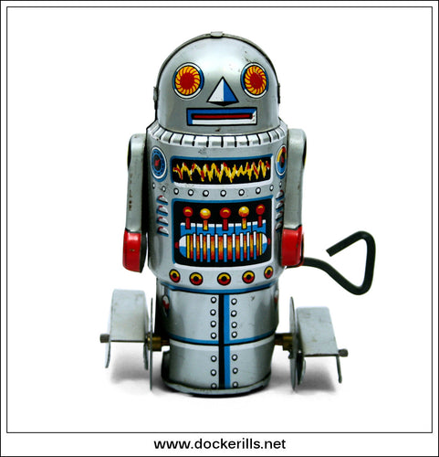 Robot 7, Yoneya / Noguchi, Japan. Vintage Tin Plate Clockwork Paddle Foot Robot. [1] A