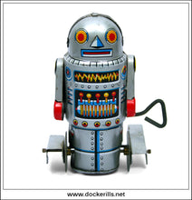 Robot 7, Yoneya / Noguchi, Japan. Vintage Tin Plate Clockwork Paddle Foot Robot. [2] A