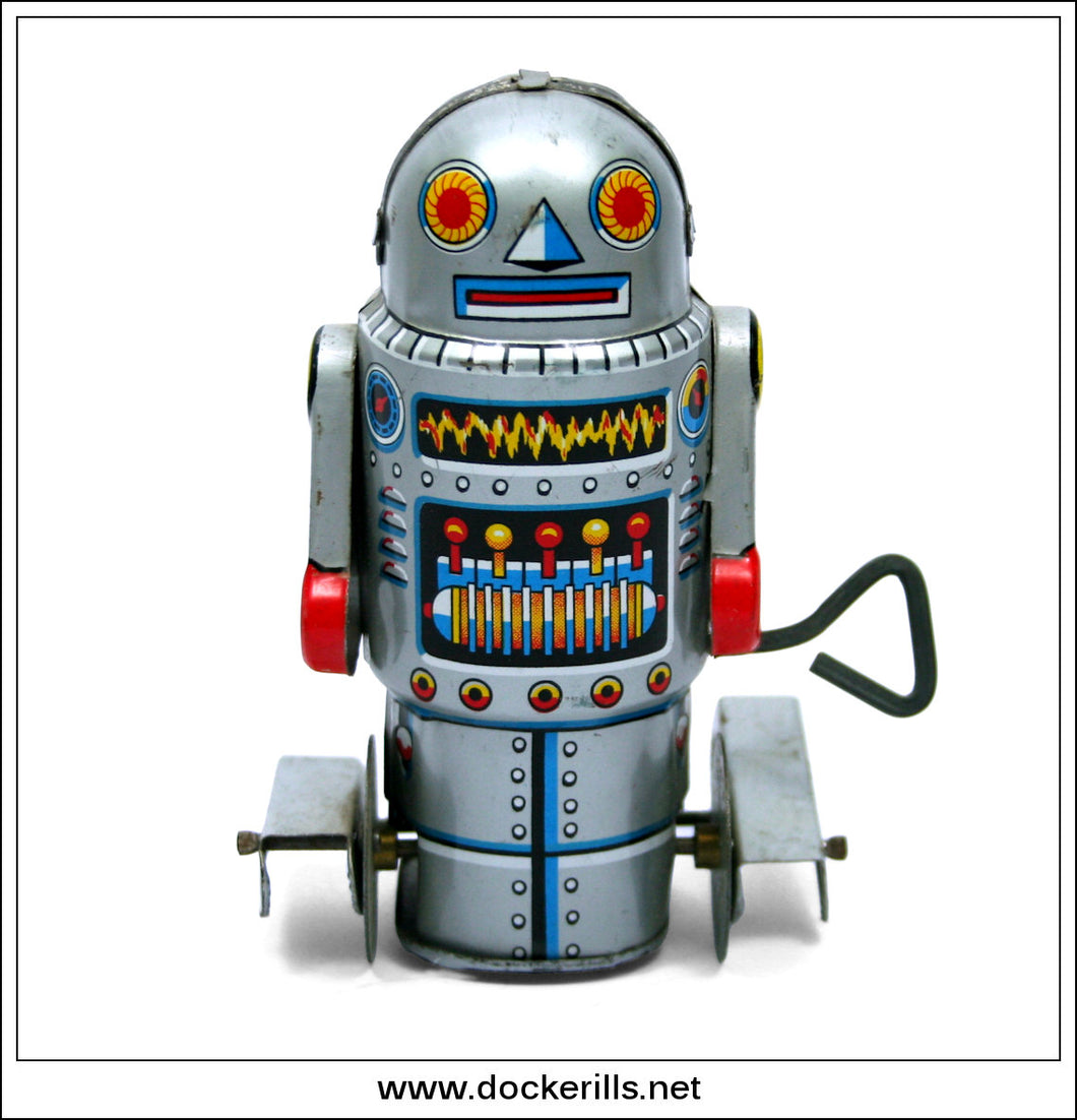 Robot 7, Yoneya / Noguchi, Japan. Vintage Tin Plate Clockwork Paddle Foot Robot. [2] A
