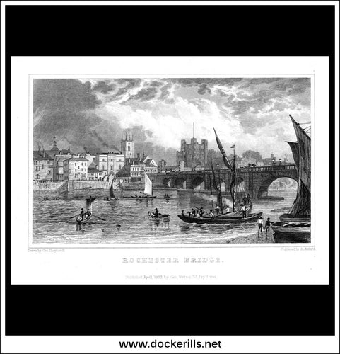 Rochester Bridge, Kent, England. Antique Print, Steel Engraving 1832.