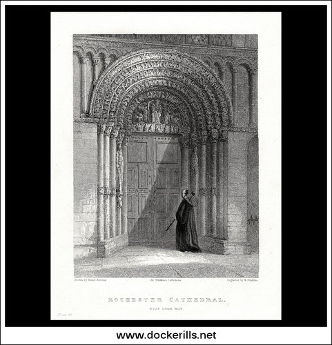 Rochester Cathedral, West Door Way, Kent, England. Antique Print, Steel Engraving 1836.
