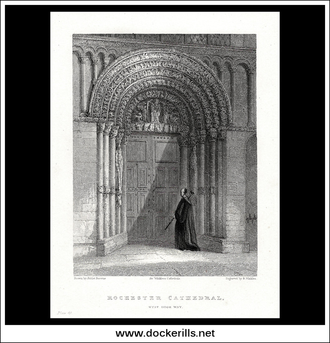 Rochester Cathedral, West Door Way, Kent, England. Antique Print, Steel Engraving 1836.