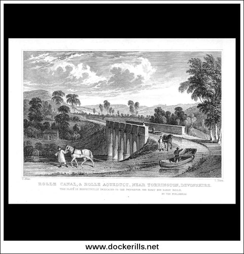 Rolle Canal & Rolle Aqueduct Near Torrington, Devonshire, England. Antique Print, Steel Engraving c. 1830.