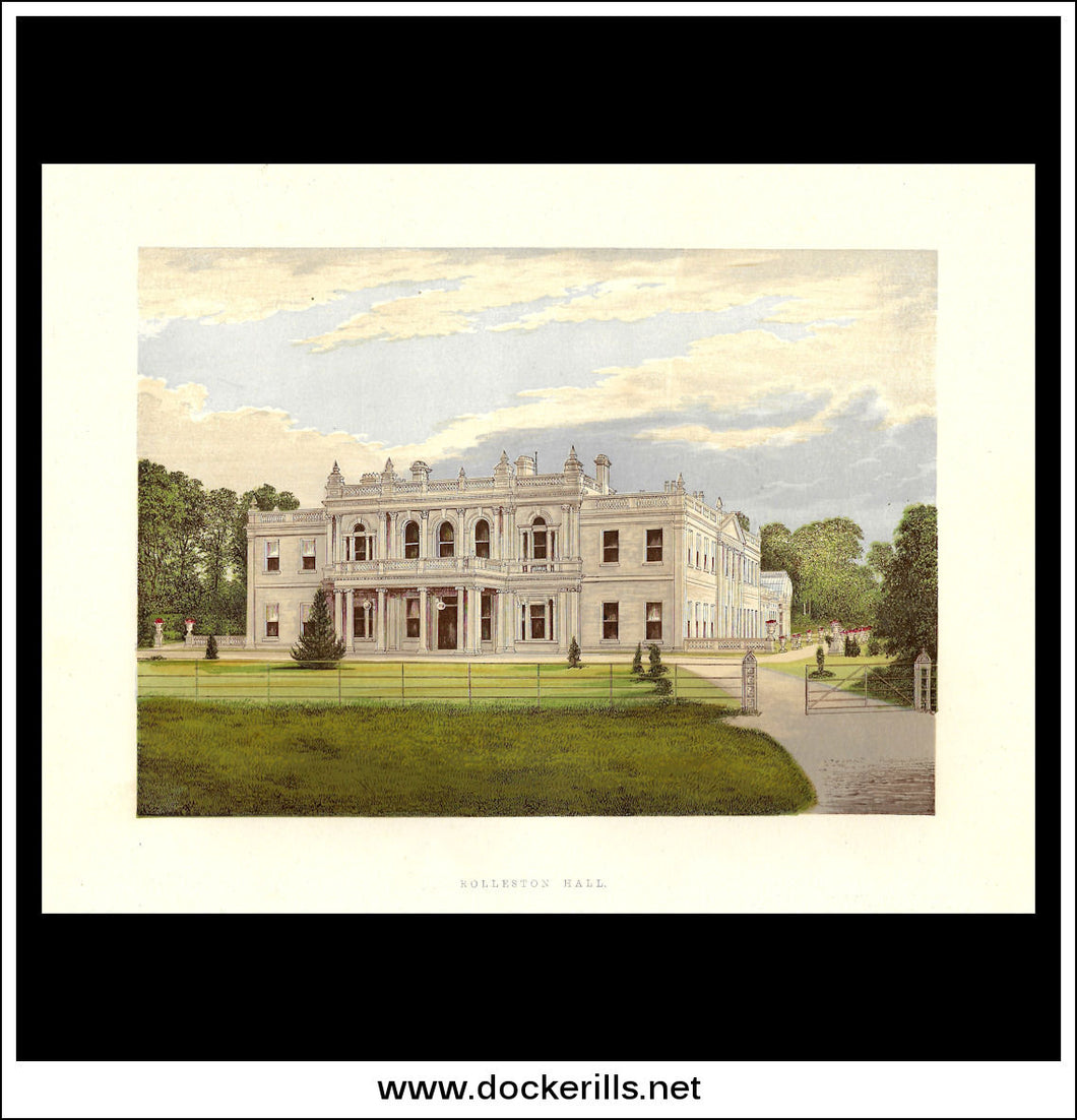 Rolleston Hall, Near Burton-Upon-Trent, Staffordshire, England. Antique Print, Chromoxylograph 1880.