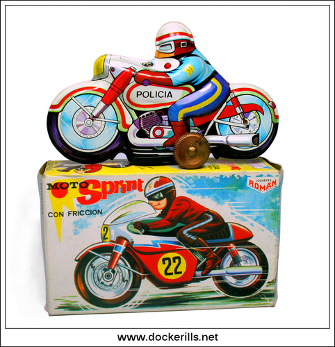 Vintage Tin Plate Moto Sprint Motorbike Toy, Friction Drive, Juguetes Roman, Spain.