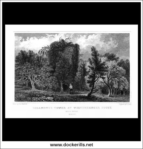 Rosamonds's Tower At Westenhanger House, Kent, England. Antique Print, Steel Engraving c. 1830.