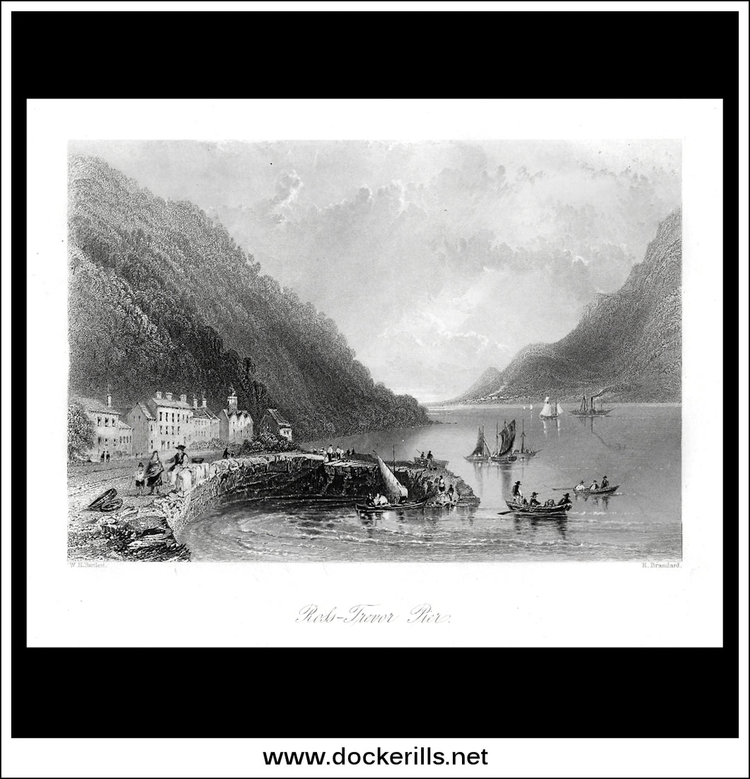 Ross-Trevor Pier, Co. Down, Northern Ireland. Antique Print, Steel Engraving c. 1840.