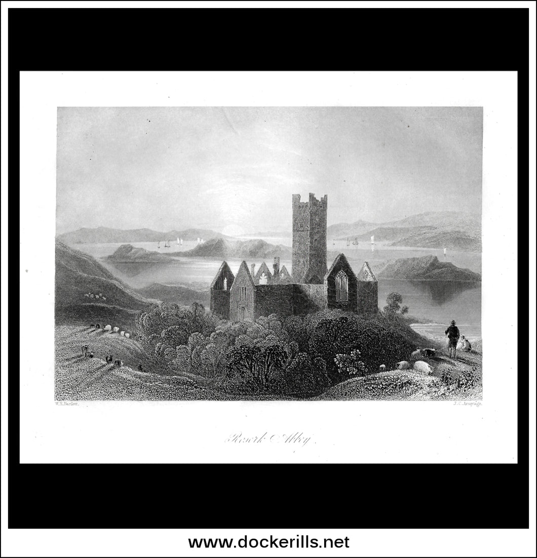 Rosserk Abbey, Co. Mayo, Ireland. Antique Print, Steel Engraving c. 1840.