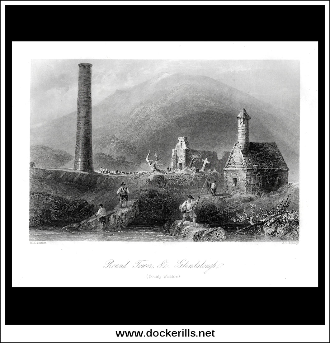 Round Tower & c. Glendalough, Co. Wicklow, Ireland. Antique Print, Steel Engraving c. 1840.