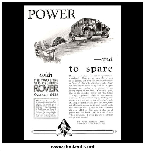 Rover Two Litre Six-Cylinder Weymann Body Saloon. Original Vintage Advert From June 27th 1928