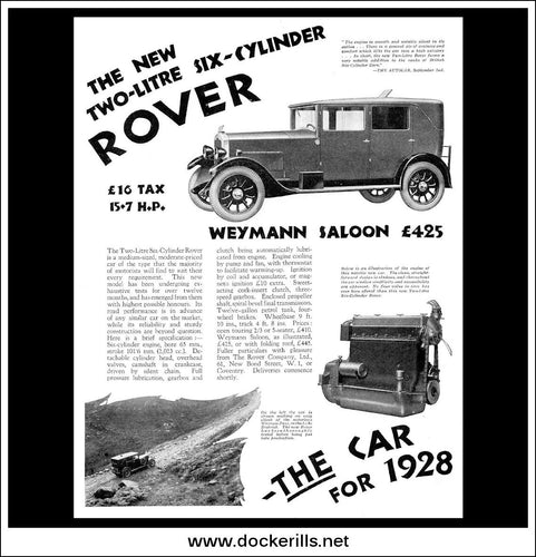 Rover Two-Litre Six-Cylinder Weymann Saloon. Original Vintage Advert From September 21st 1928