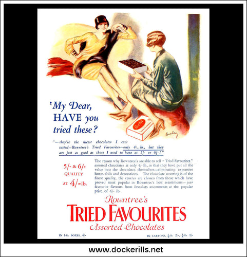 Rowntree's Tried Favourites Chocolates. Original Vintage Advert From July 4th, 1928.