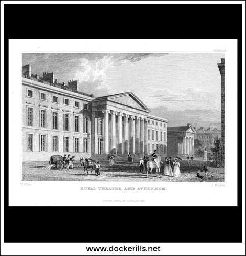 Royal Theatre & Athenaeum, Plymouth, Devonshire, England. Antique Print, Steel Engraving 1832.