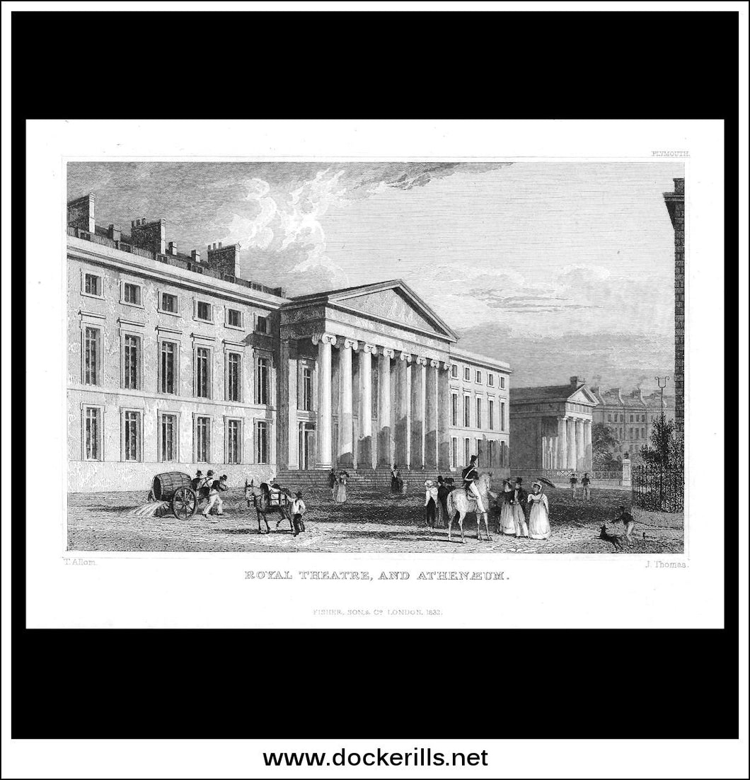 Royal Theatre & Athenaeum, Plymouth, Devonshire, England. Antique Print, Steel Engraving 1832.