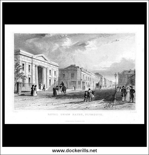 Royal Union Baths, Plymouth, Devonshire, England. Antique Print, Steel Engraving 1831.