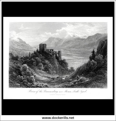 Ruins Of The Brunnenburg Near Meran, South Tyrol, Italy. Antique Print, Steel Engraving, c. 1845.