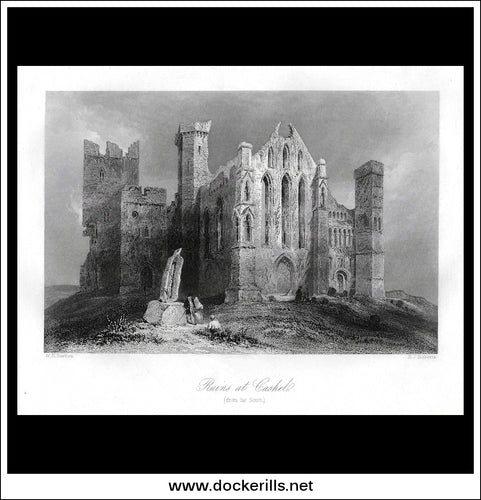 Ruins Of Cashel (From The South), Co. Tipperary, Ireland. Antique Print, Steel Engraving c. 1840.