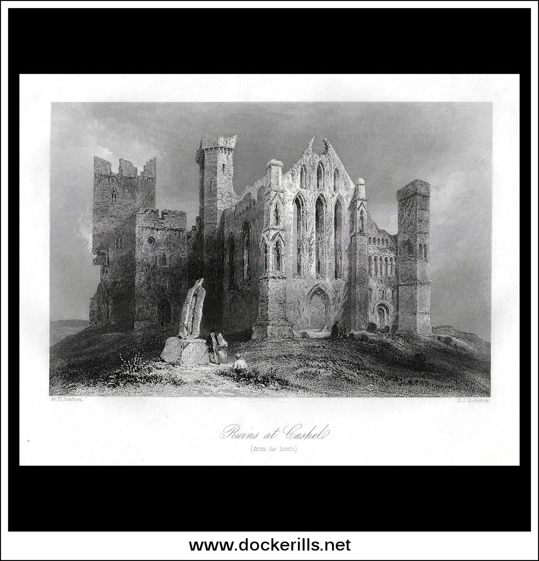 Ruins Of Cashel (From The South), Co. Tipperary, Ireland. Antique Print, Steel Engraving c. 1840.