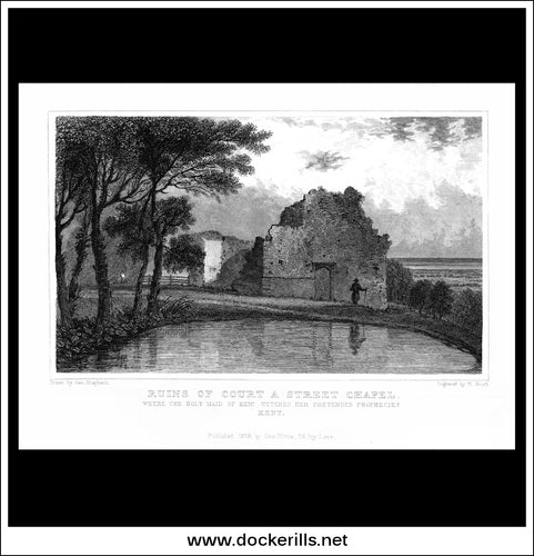 Ruins Of Court A Street Chapel, Kent, England. Antique Print, Steel Engraving 1829.