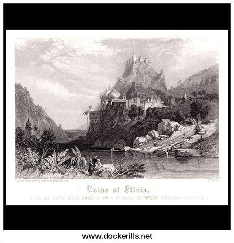 Ruins At Ettaia, India. Antique Print, Steel Engraving 1840.