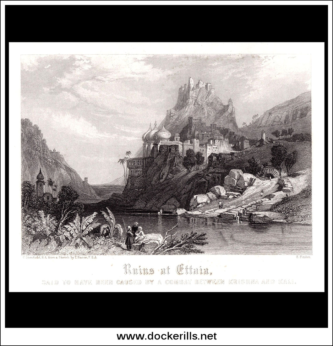 Ruins At Ettaia, India. Antique Print, Steel Engraving 1840.