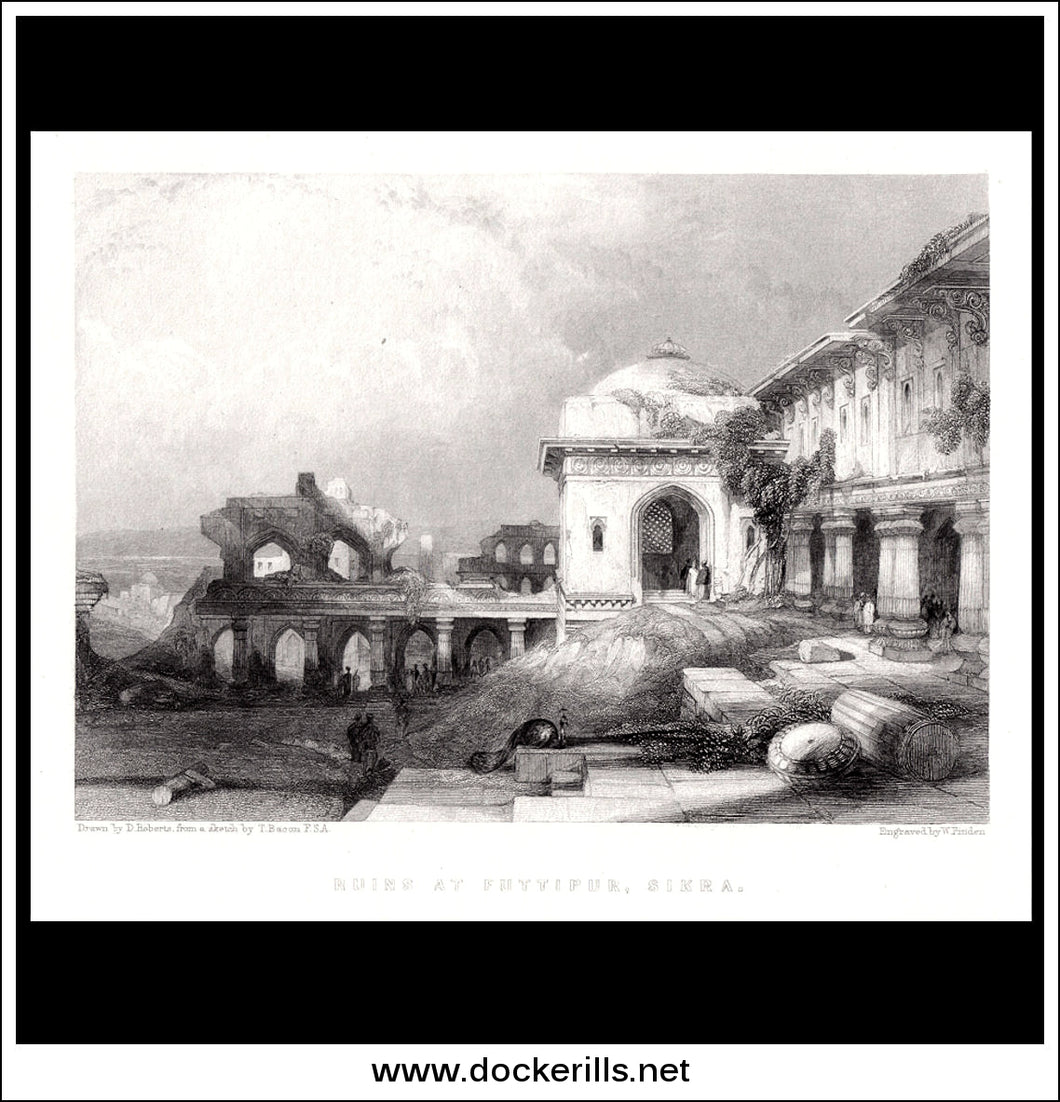 Ruins At Futtipur, Sikra, India. Antique Print, Steel Engraving 1840.