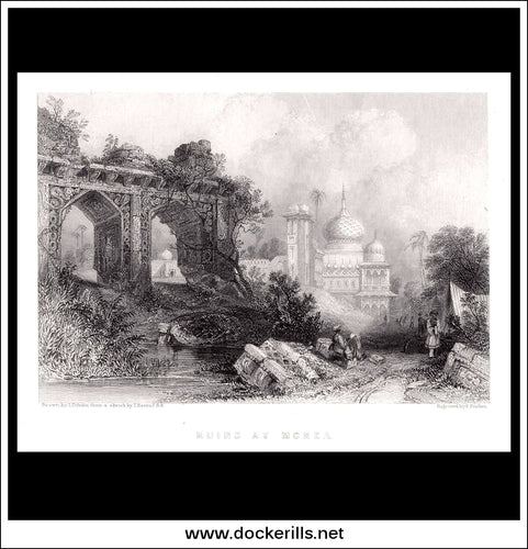 Ruins At Monea, India. Antique Print, Steel Engraving 1840.