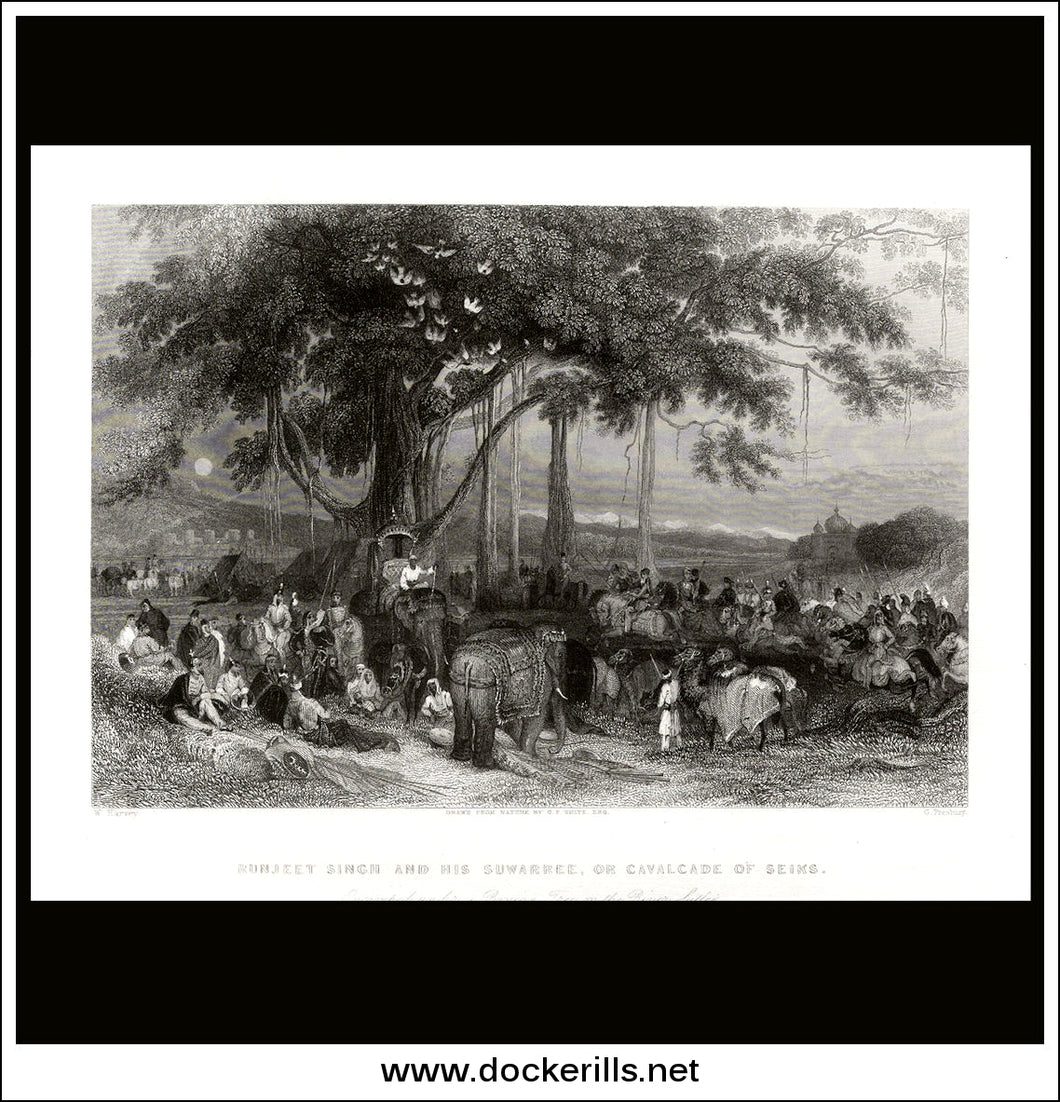 Runjeet Singh & His Suwaree, Or Cavalcade Of Seiks, India. Antique Print, Steel Engraving 1845.