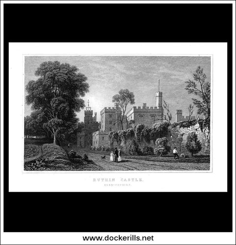 Antique Print Ruthin Castle, Denbighshire, Wales. Steel Engraving c. 1830.