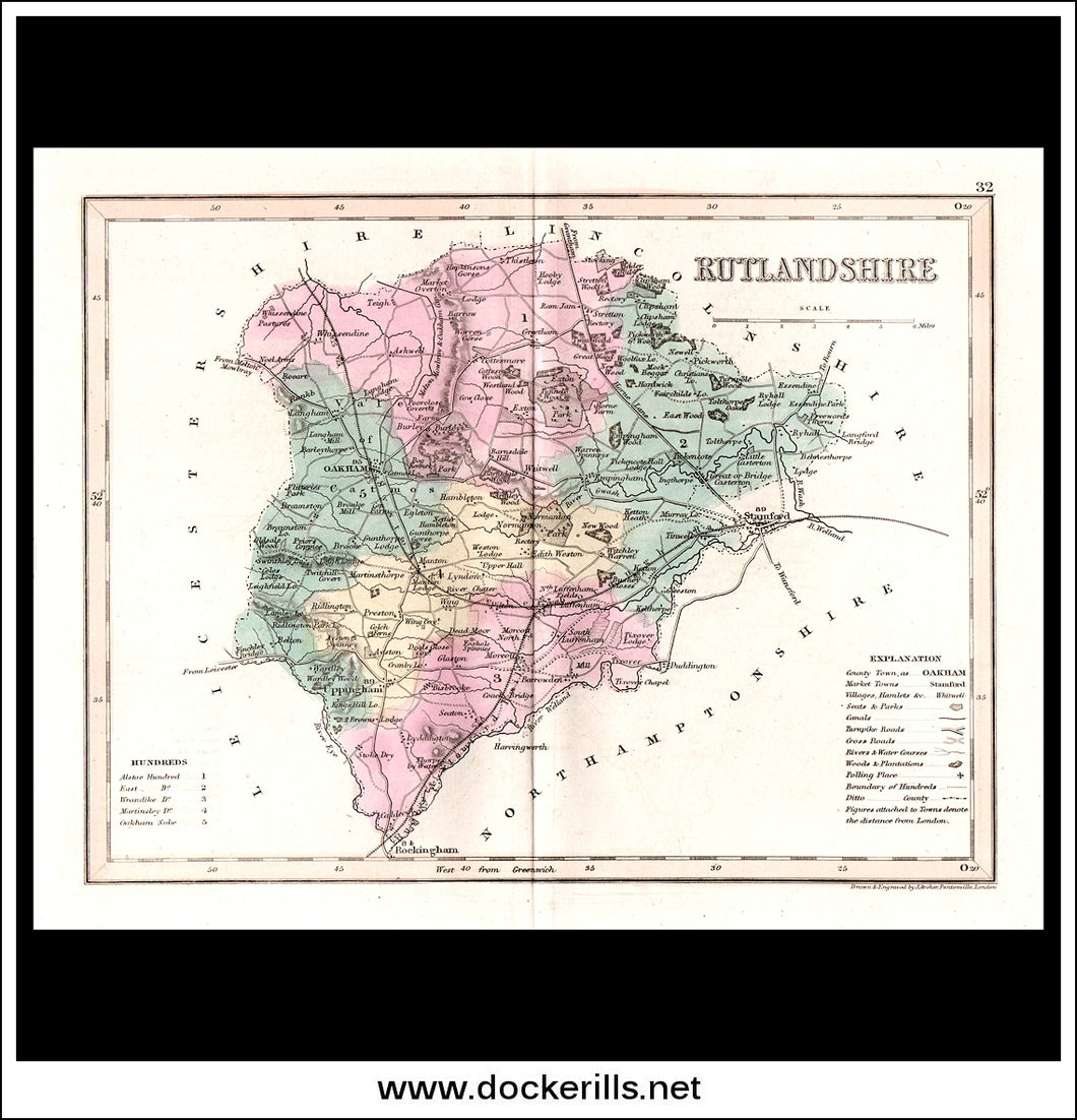 Map Of Rutlandshire, England. Antique Print, Steel Engraving c. 1846.