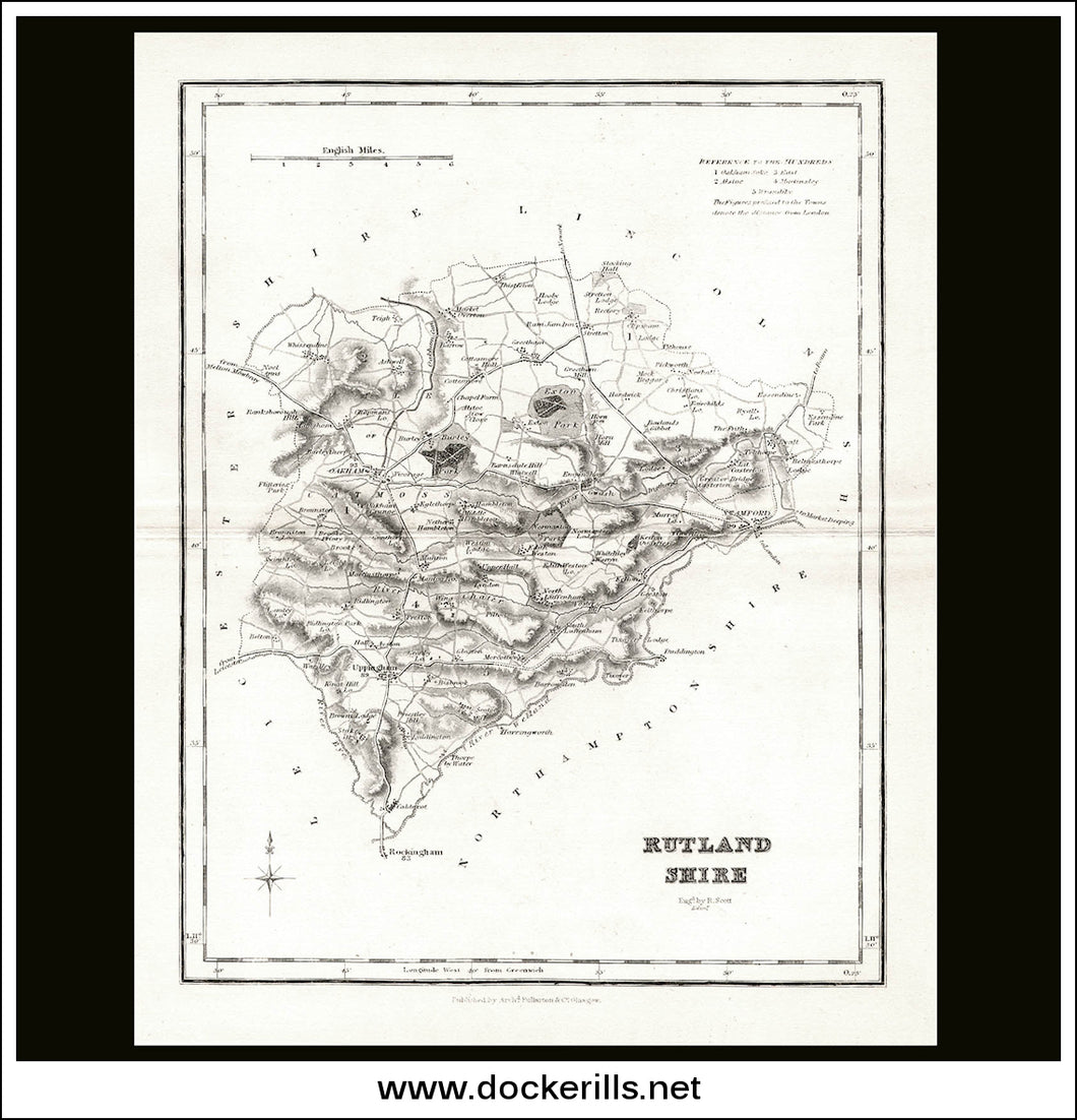 Map Of Rutlandshire, England. Antique Map, Steel Engraving. A. Fullerton c. 1850.