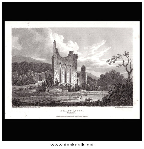Ryland Abbey, Yorkshire, England. Antique Print, Copper Plate Engraving 1811.