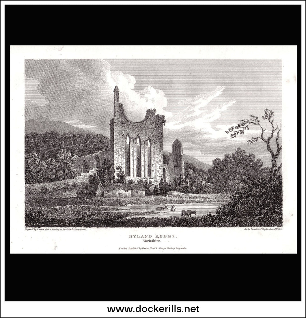 Ryland Abbey, Yorkshire, England. Antique Print, Copper Plate Engraving 1811.