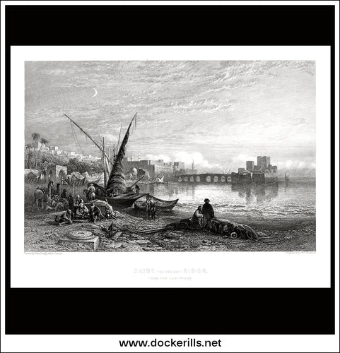 Saide The Ancient Sidon, From The East, Lebanon. Antique Print, Steel Engraving c. 1855.