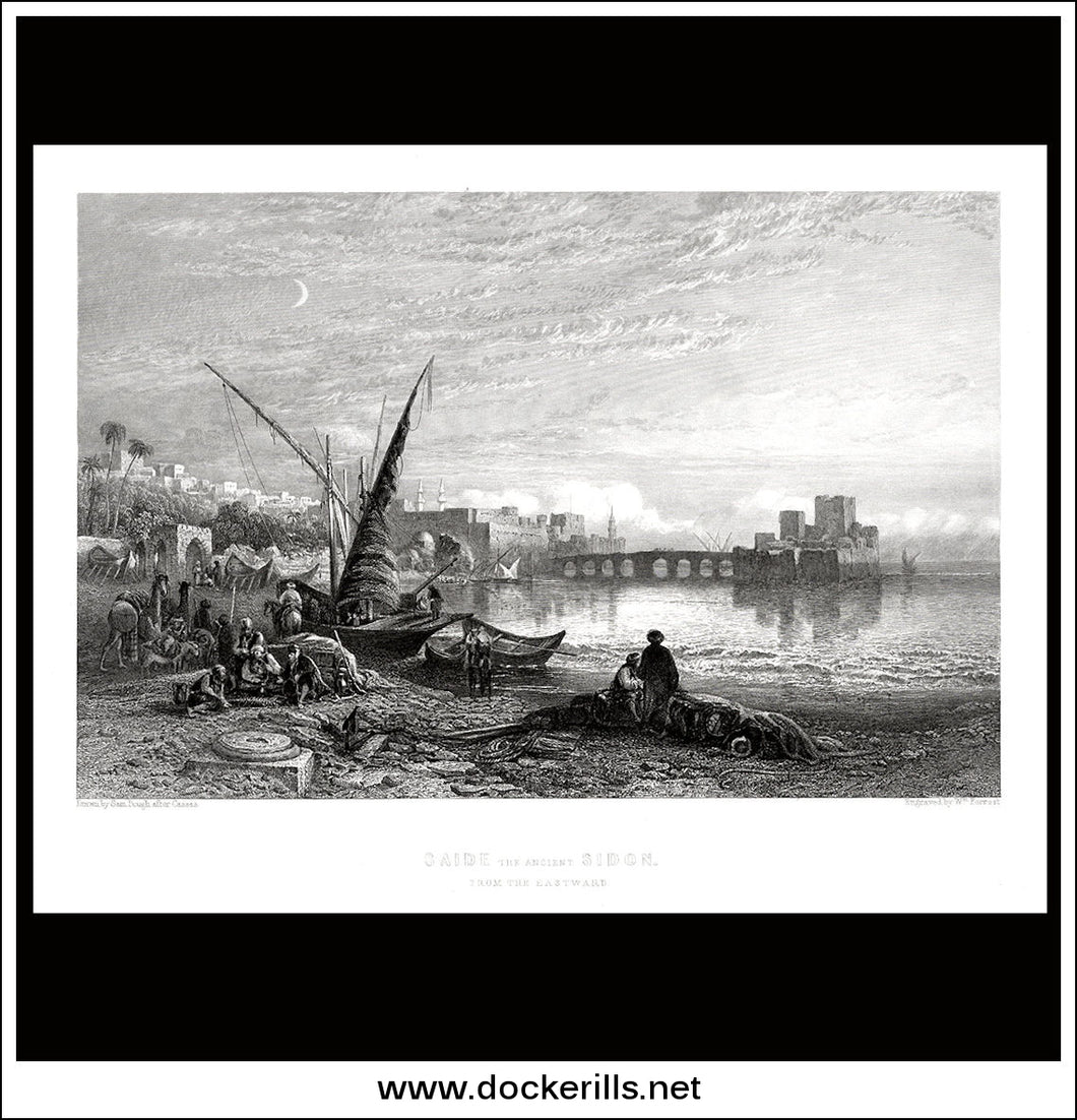 Saide The Ancient Sidon, From The East, Lebanon. Antique Print, Steel Engraving c. 1855.