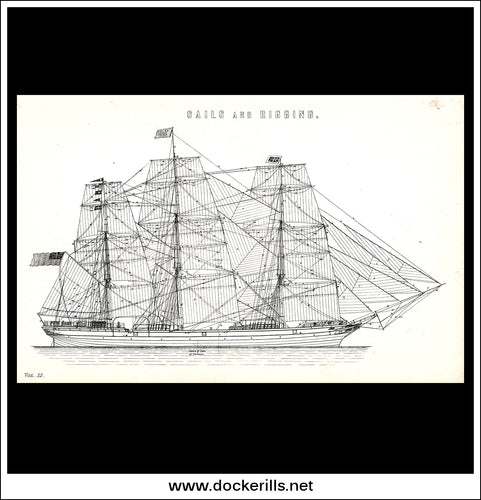 Sails And Rigging. Antique Print, Lithograph c. 1880.