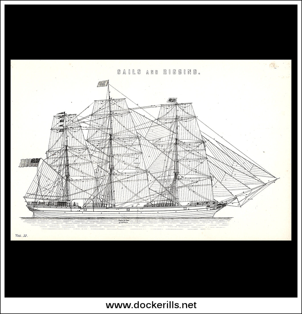 Sails And Rigging. Antique Print, Lithograph c. 1880.