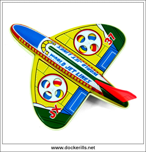 World Jet Airlines Aeroplane. Vintage Tin Plate Novelty Toy, Saito, Japan. YELLOW