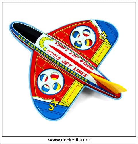 World Jet Airlines Aeroplane. Vintage Tin Plate Novelty Toy, Saito, Japan. JX 57 RED/YELLOW