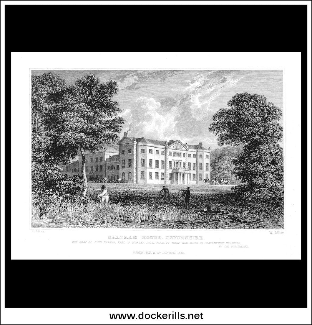 Saltram House,  Devonshire, England. Antique Print, Steel Engraving 1832.